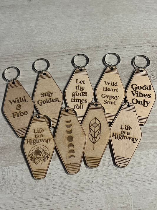 Boho Style Word Hotel Wood Engraved Keychain