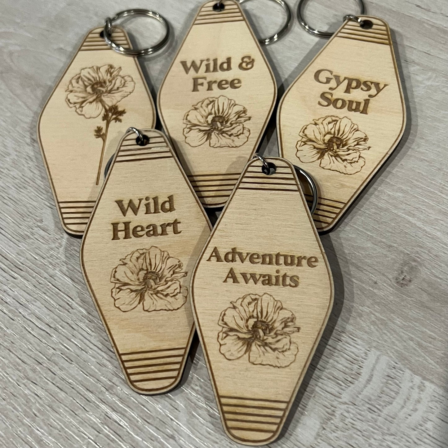 Boho Style Poppy Hotel Engraved Wood Keychain