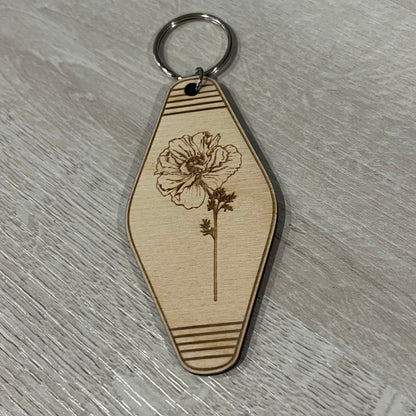 Boho Style Poppy Hotel Engraved Wood Keychain