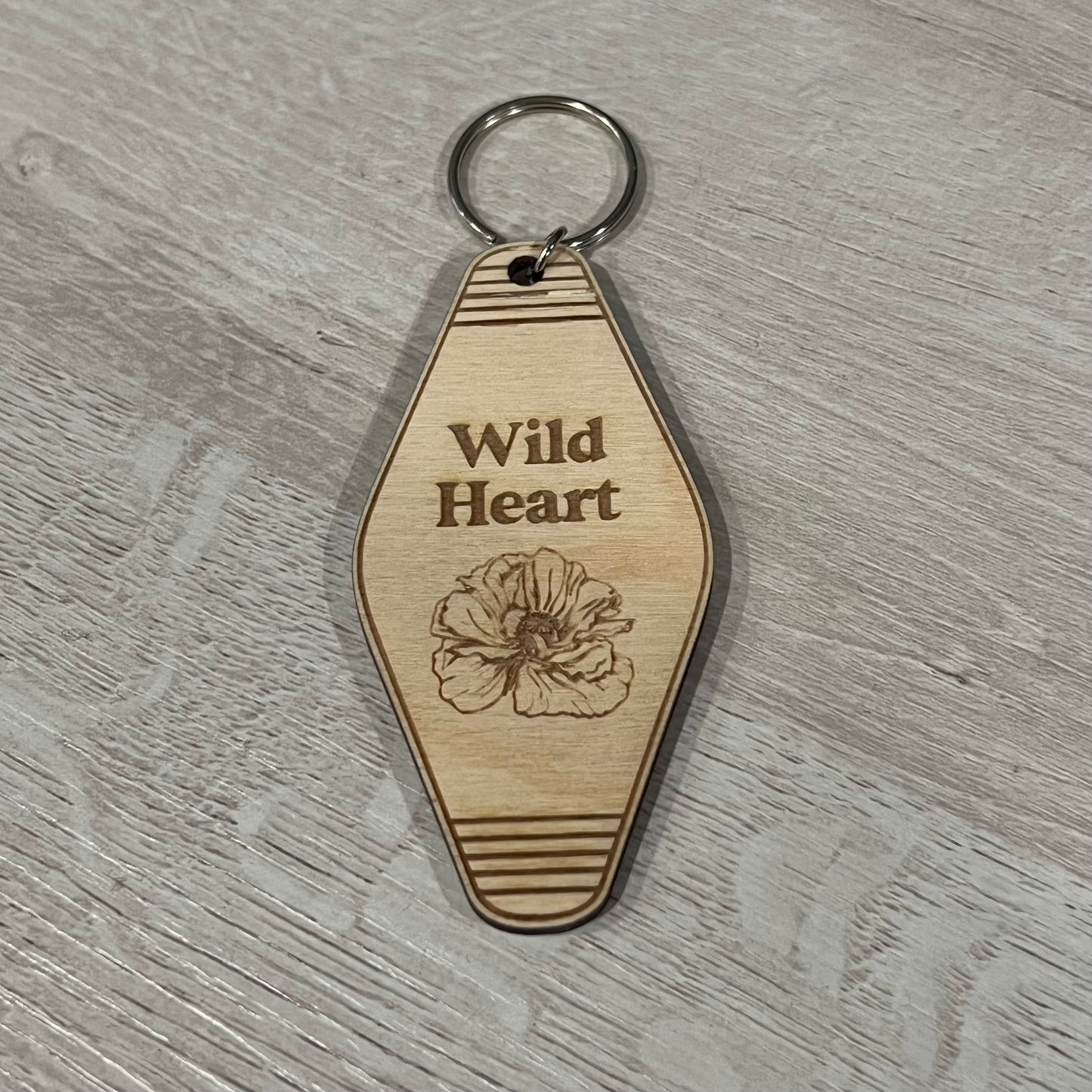 Boho Style Poppy Hotel Engraved Wood Keychain