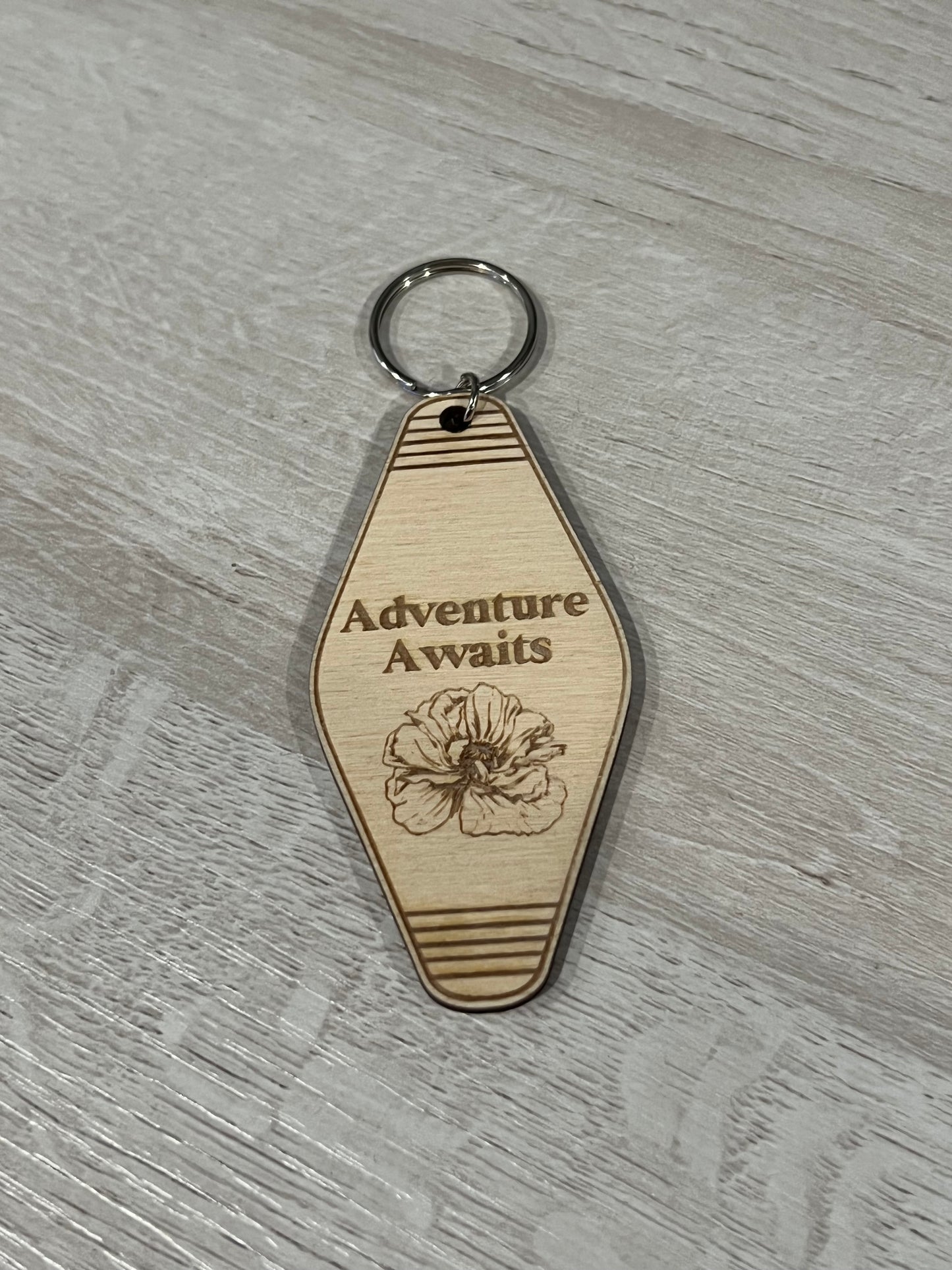 Boho Style Poppy Hotel Engraved Wood Keychain