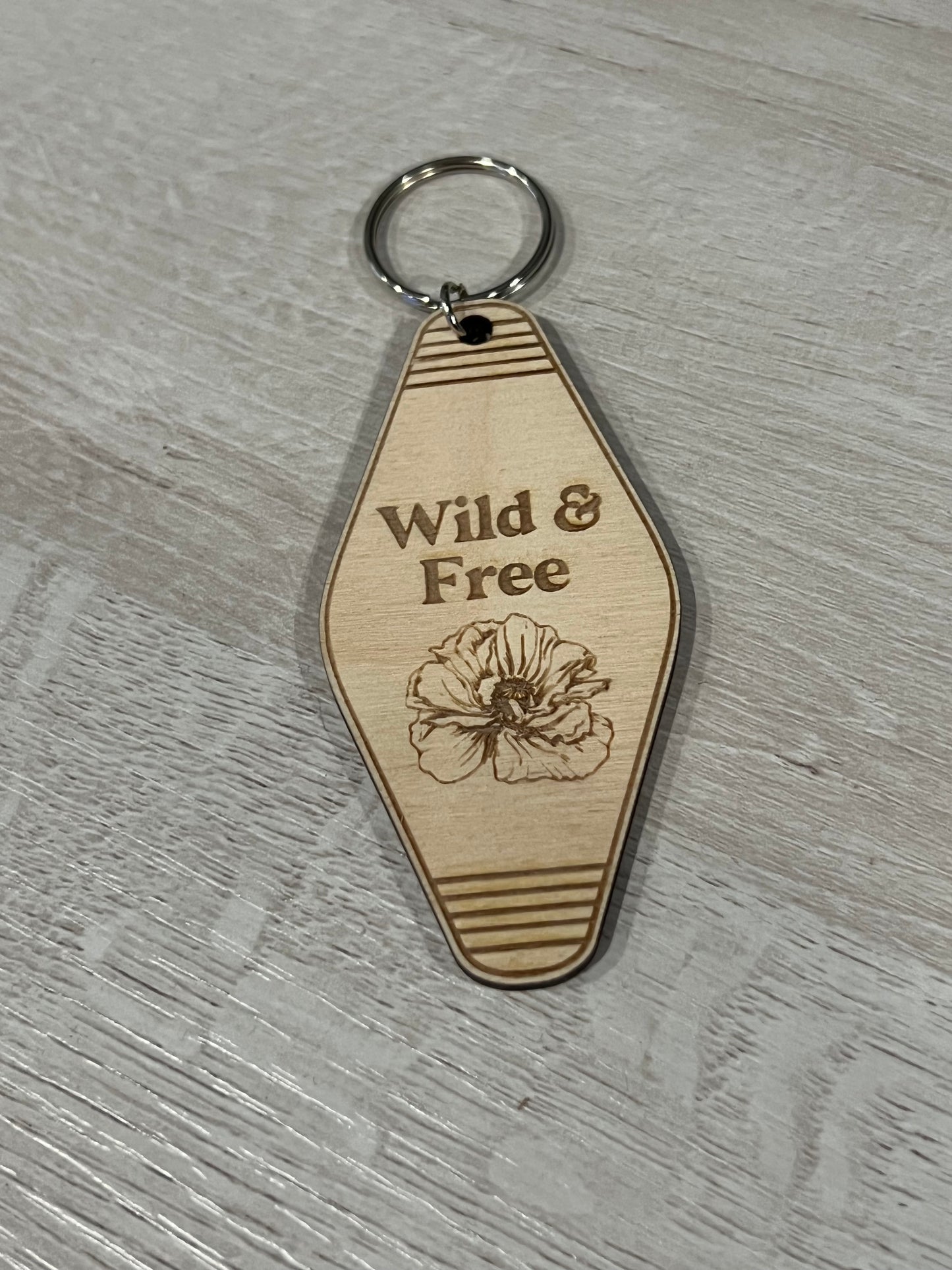 Boho Style Poppy Hotel Engraved Wood Keychain