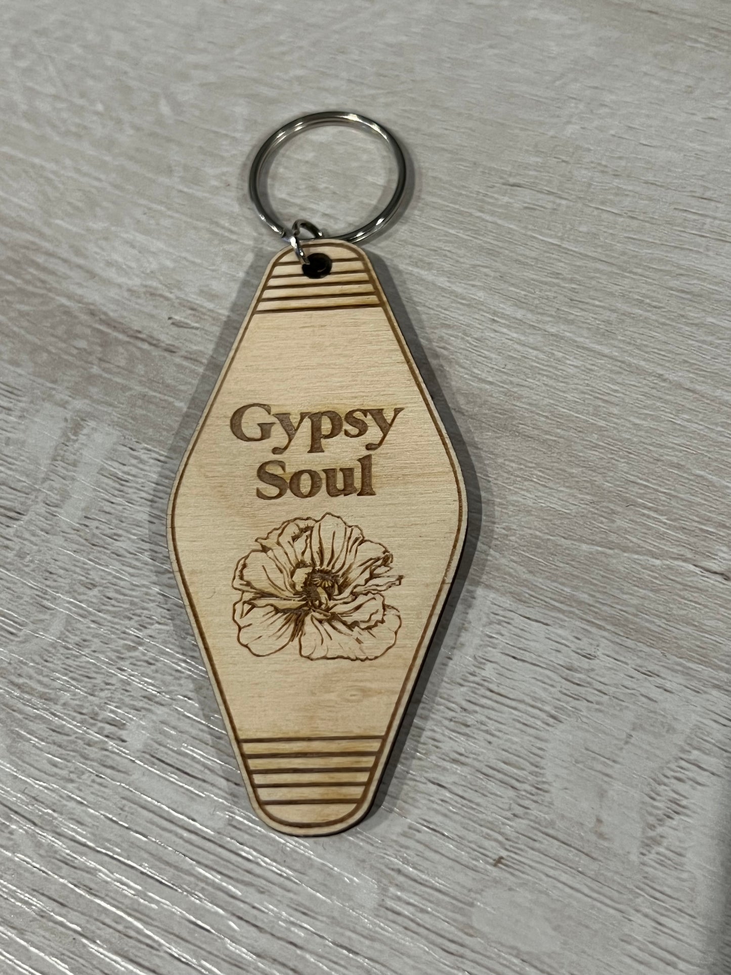 Boho Style Poppy Hotel Engraved Wood Keychain