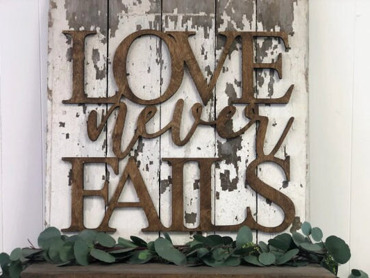 Love Never Fails 1 Corinthians 13:8 Wood Cut Wall Art